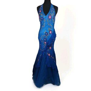 Y2K Silk Beaded Peacock Blue Maxi Halter Dress Floral Prom Formal Sexy - M Fairy